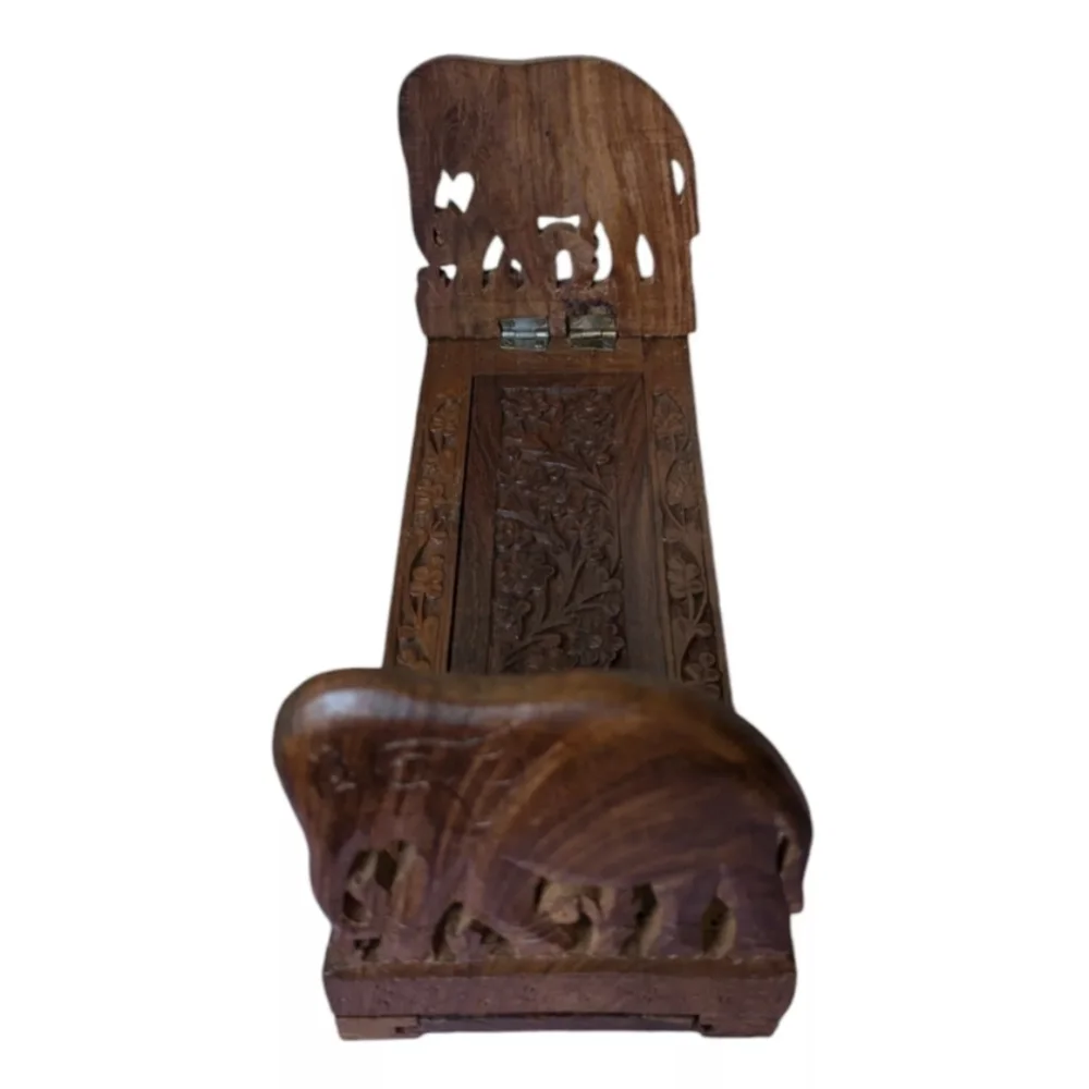 Vtg Ornate Handcarved Elephant Wood Slide Expandable Bookrack Ends Shelf India - Picture 3 of 16